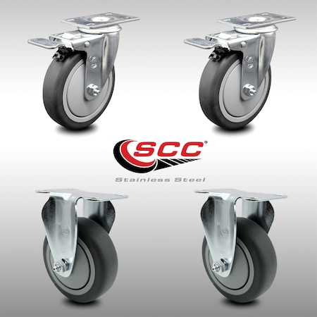 Service Caster 5 Inch SS Thermoplastic Rubber Wheel Top Plate Caster Lock Brake 2 Rigid, 2PK SCC-SSTTL20S514-TPRB-2-R-2